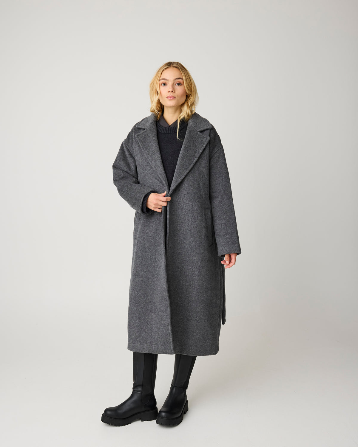 KnowledgeCotton Apparel - WMN Wool lapel coat Jackets 1073 Dark Grey Melange