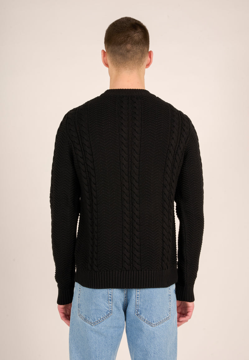 KnowledgeCotton Apparel - MEN Cable crew neck cotton knit Knits 1300 Black Jet