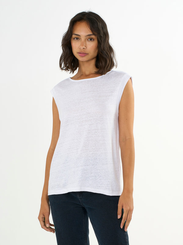 KnowledgeCotton Apparel - WMN Loose fold up linen t-shirt T-shirts 1010 Bright White