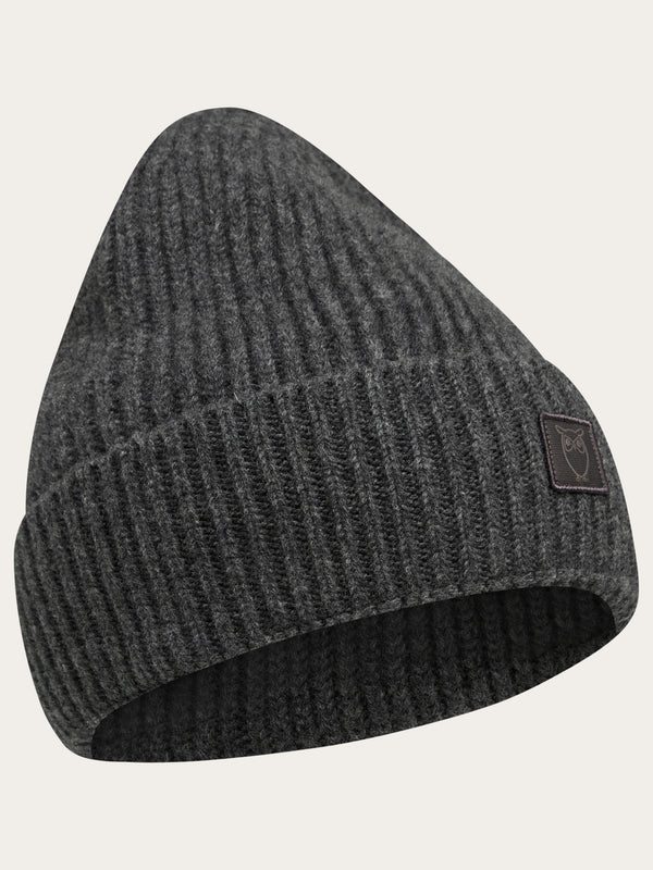 KnowledgeCotton Apparel - MEN Organic wool rib beanie Hats 1073 Dark Grey Melange