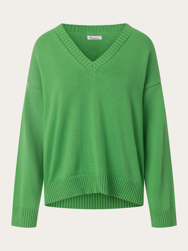 KnowledgeCotton Apparel - WMN V-neck long sleeved cotton knit Knits 1218 Vibrant Green