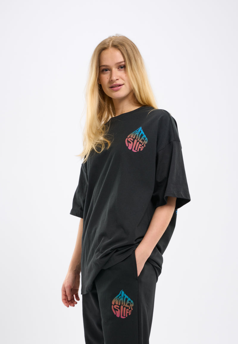 KnowledgeCotton Apparel - WMN WATERAID Printed oversized t-shirt T-shirts 1300 Black Jet