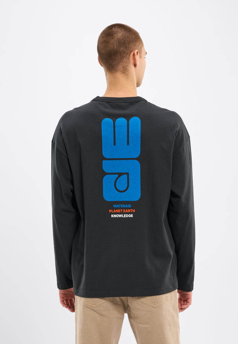 KnowledgeCotton Apparel - MEN WATERAID oversized long sleeved t-shirt with chest and back print Long Sleeves 1300 Black Jet